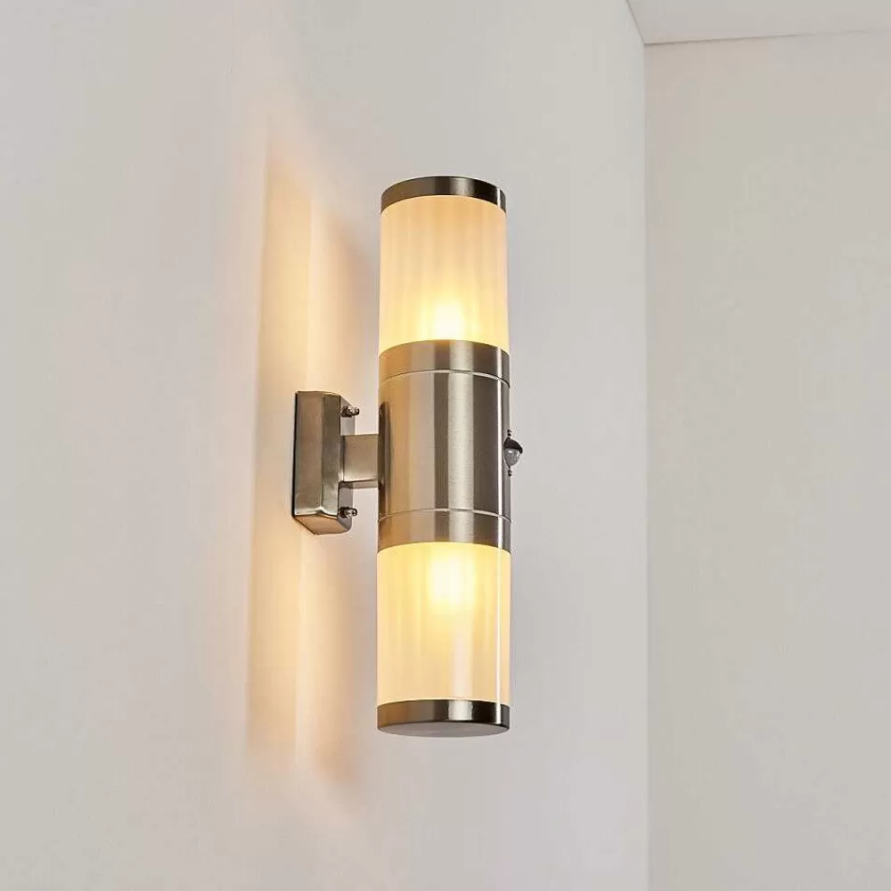 hofstein Applique Murale D'Exterieur Tolsona Acier Inoxydable, 2 Lumieres, Detecteur De Mouvement