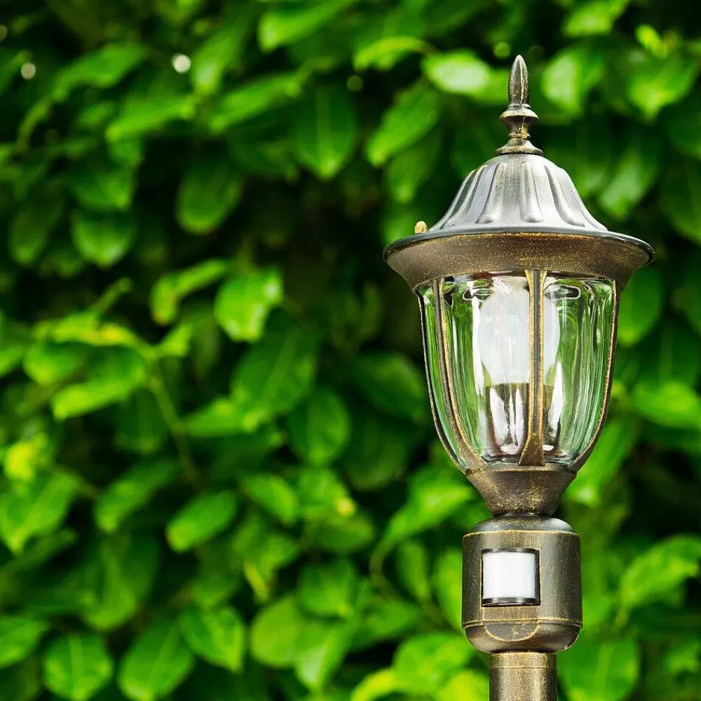 hofstein Borne Lumineuse Ribadeo Noir Dore, 1 Lumiere, Detecteur De Mouvement