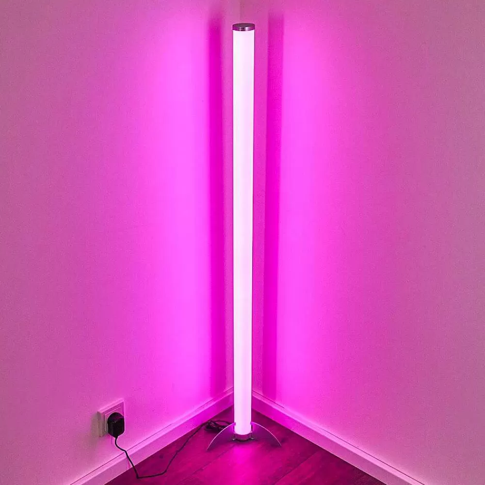 hofstein Lampadaire Led Rgb Globo Rocky Argente, 1 Lumiere, Telecommandes, Changeur De Couleurs