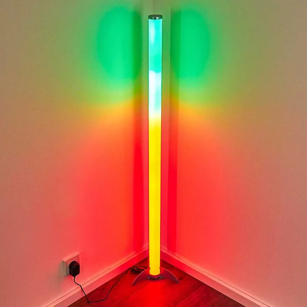 hofstein Lampadaire Led Rgb Globo Rocky Argente, 1 Lumiere, Telecommandes, Changeur De Couleurs