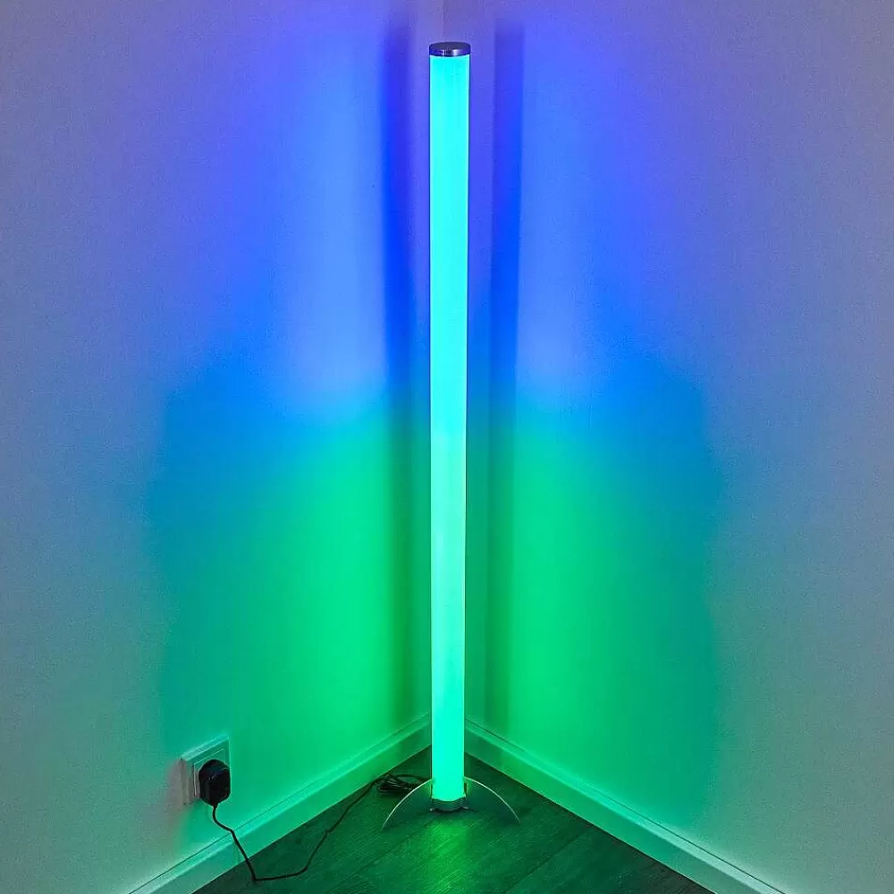 hofstein Lampadaire Led Rgb Globo Rocky Argente, 1 Lumiere, Telecommandes, Changeur De Couleurs