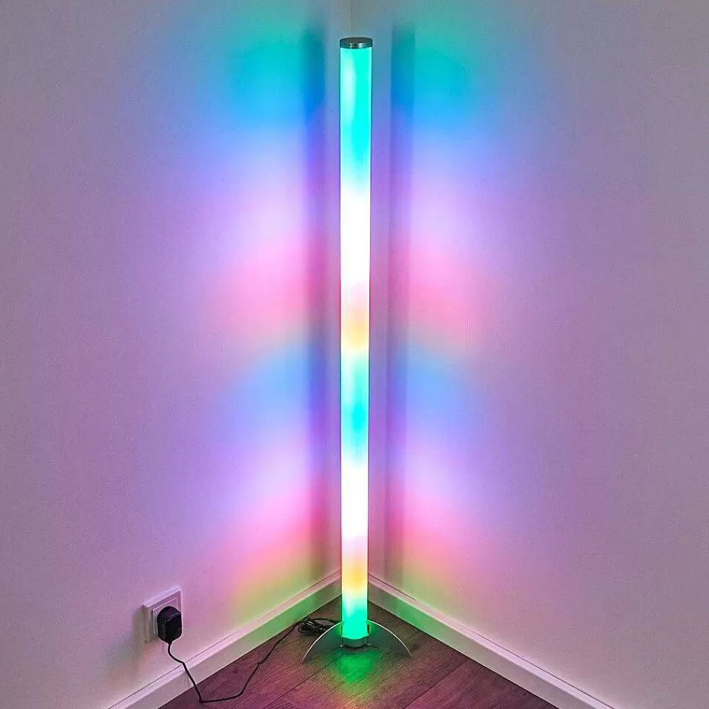 hofstein Lampadaire Led Rgb Globo Rocky Argente, 1 Lumiere, Telecommandes, Changeur De Couleurs