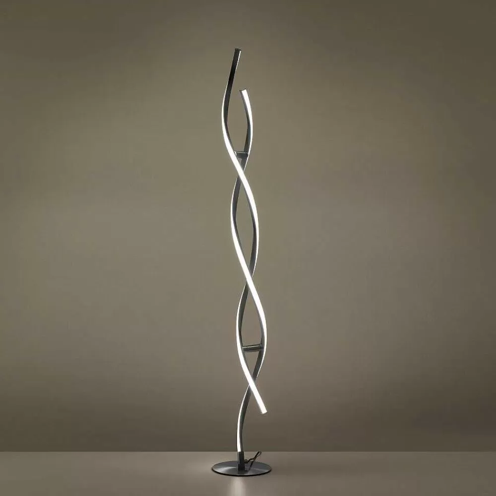 Luminaires Leuchten Direkt Lampadaire Leuchten-Direkt Lolasmart-Swing Led Acier Brosse, 2 Lumieres, Telecommandes, Changeur De Couleurs
