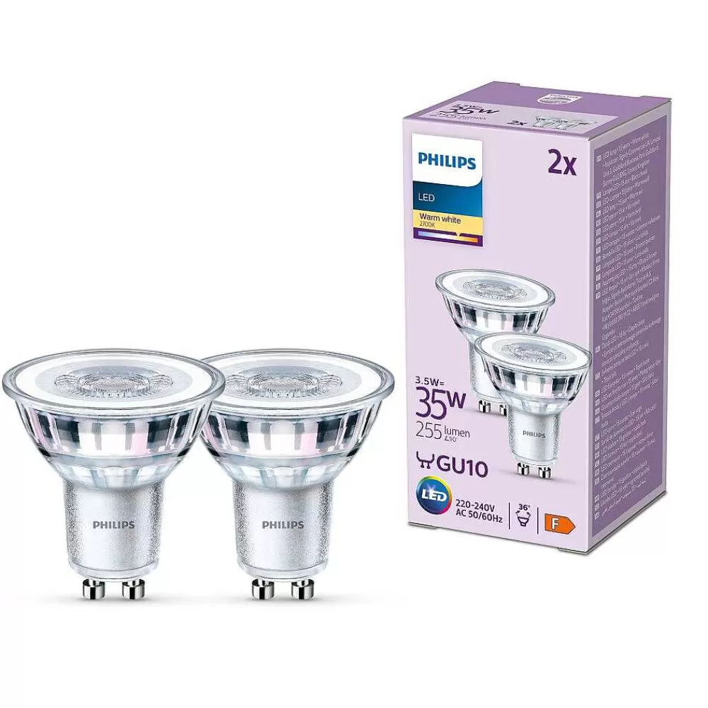 Luminaires Philips Philips Classic Lot De 2 Led Gu10 3,5 Watt 2700 Kelvin 255 Lumen