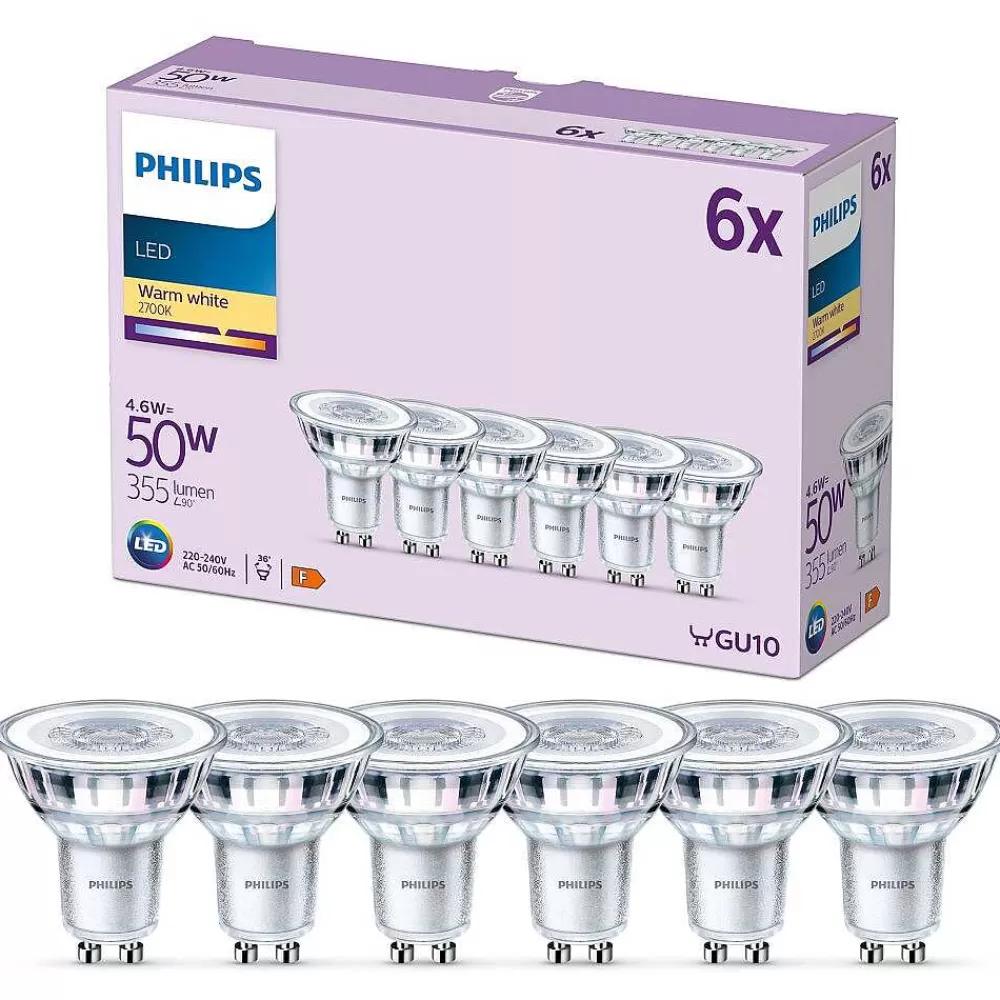 Luminaires Philips Philips Classic Lot De 6 Led Gu10 4,6 Watt 2700 Kelvin 355 Lumen