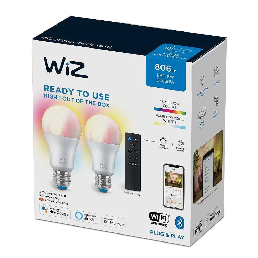 Luminaires Philips Philips Wiz Lot De 2 Led E27 8 Watt 2200 - 6500 Kelvin 806 Lumen