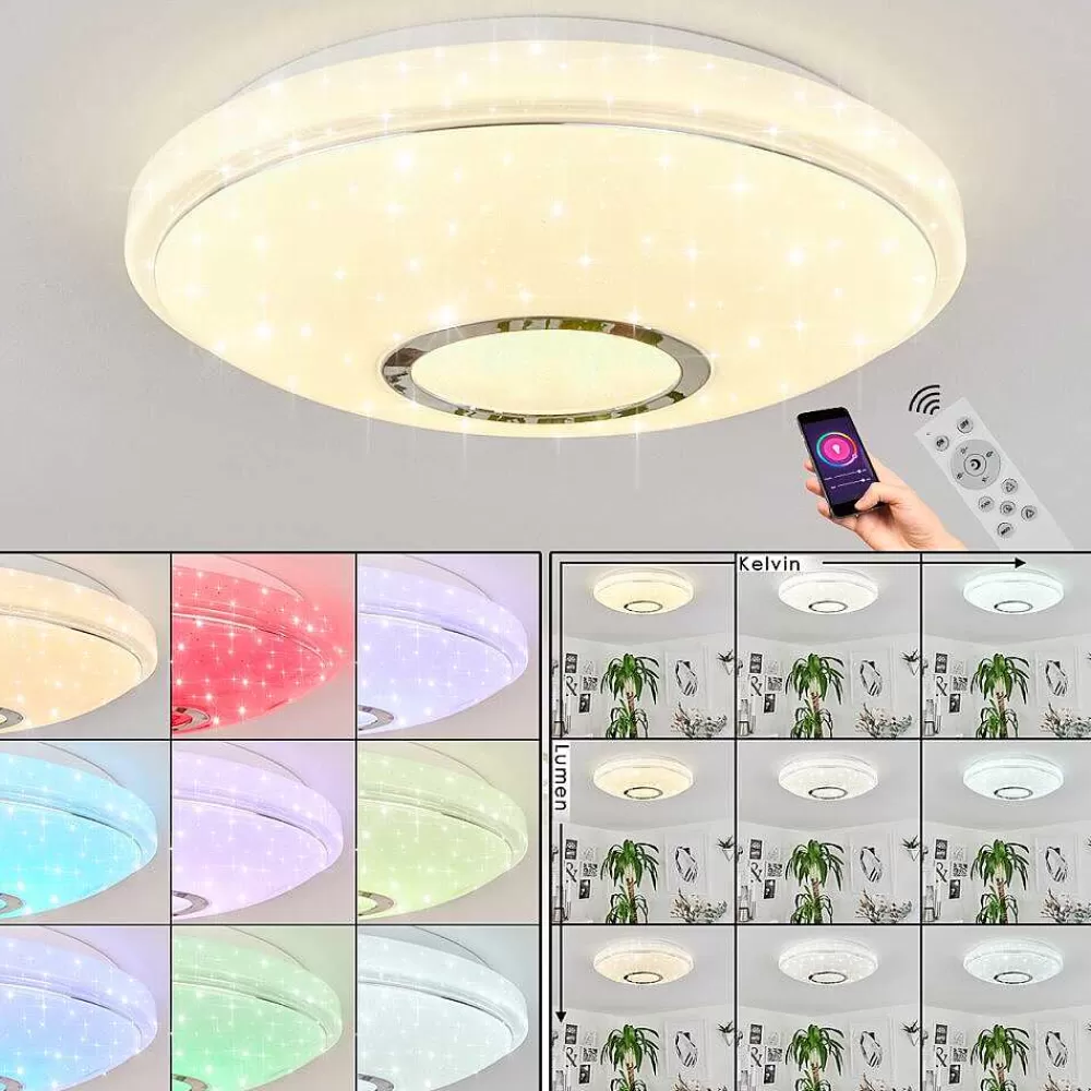 hofstein Plafonnier Auxerre Led Blanc, 2 Lumieres, Telecommandes, Changeur De Couleurs