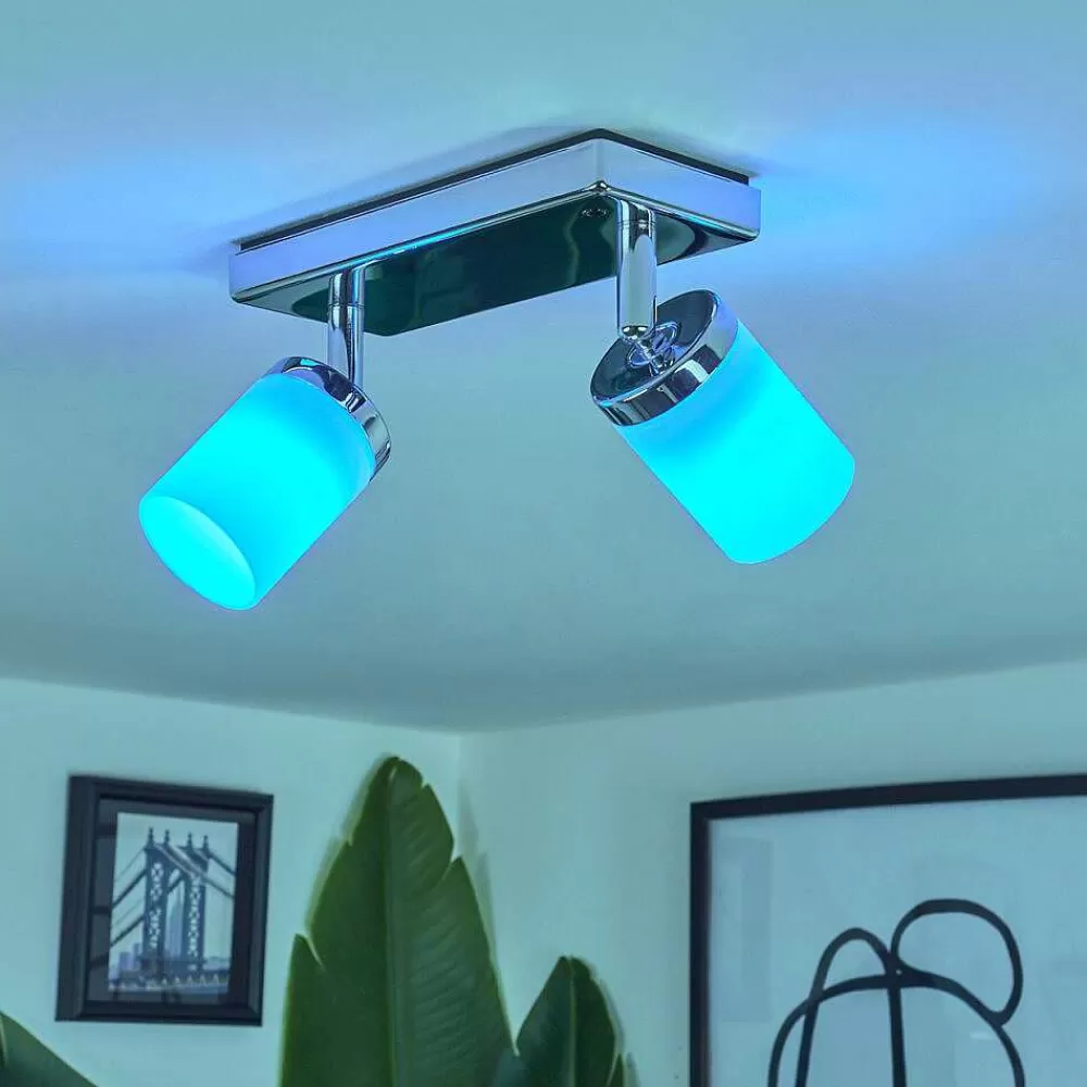 hofstein Plafonnier Cerejeiras Led Chrome, 2 Lumieres, Telecommandes, Changeur De Couleurs