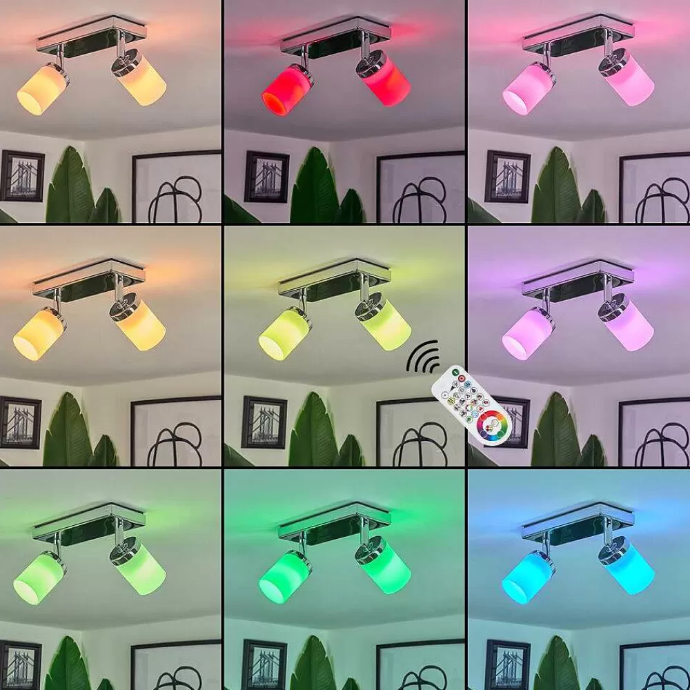 Idual Plafonnier Citrine Led Chrome, 2 Lumieres, Telecommandes, Changeur De Couleurs