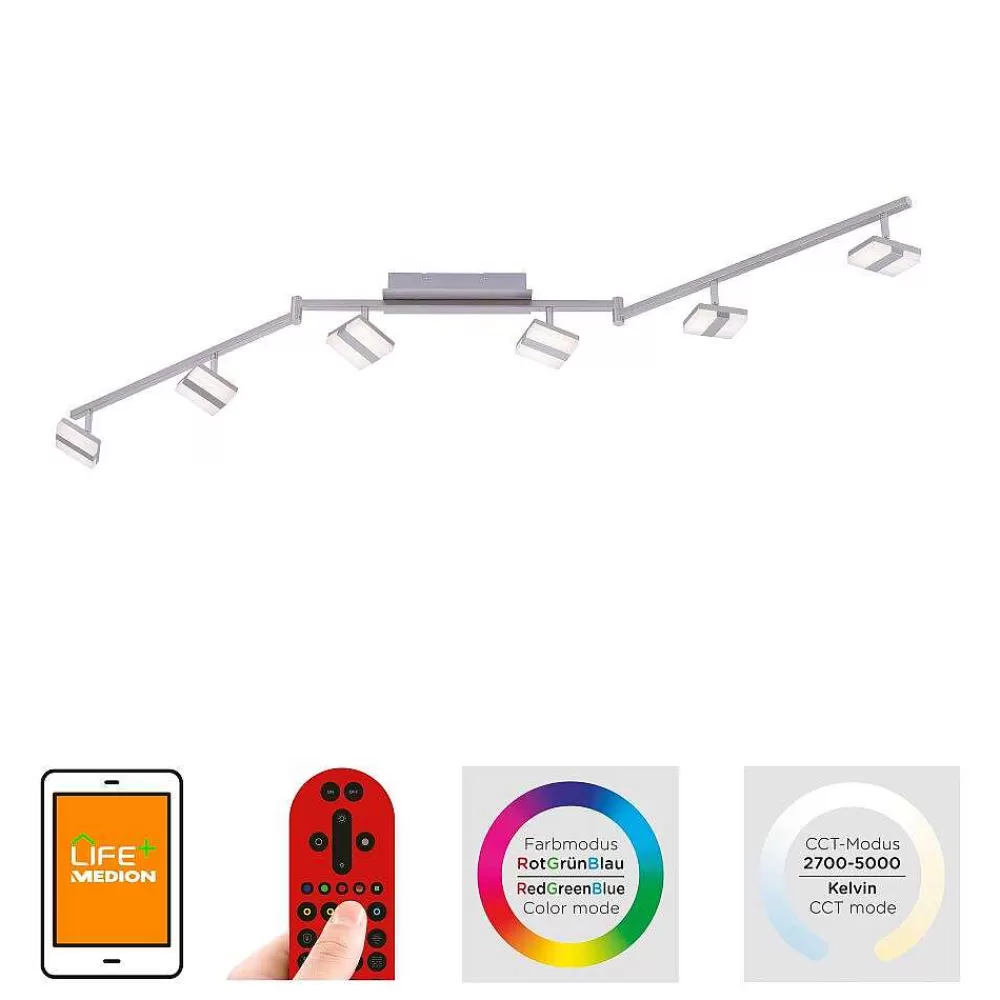 Luminaires Leuchten Direkt Plafonnier Leuchten-Direkt Sabi Led Nickel Mat, 6 Lumieres, Telecommandes, Changeur De Couleurs