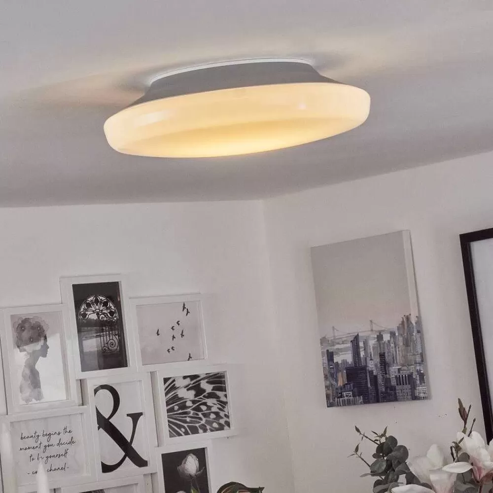 hofstein Plafonnier Ral Led Argente, Blanc, 1 Lumiere, Telecommandes, Changeur De Couleurs