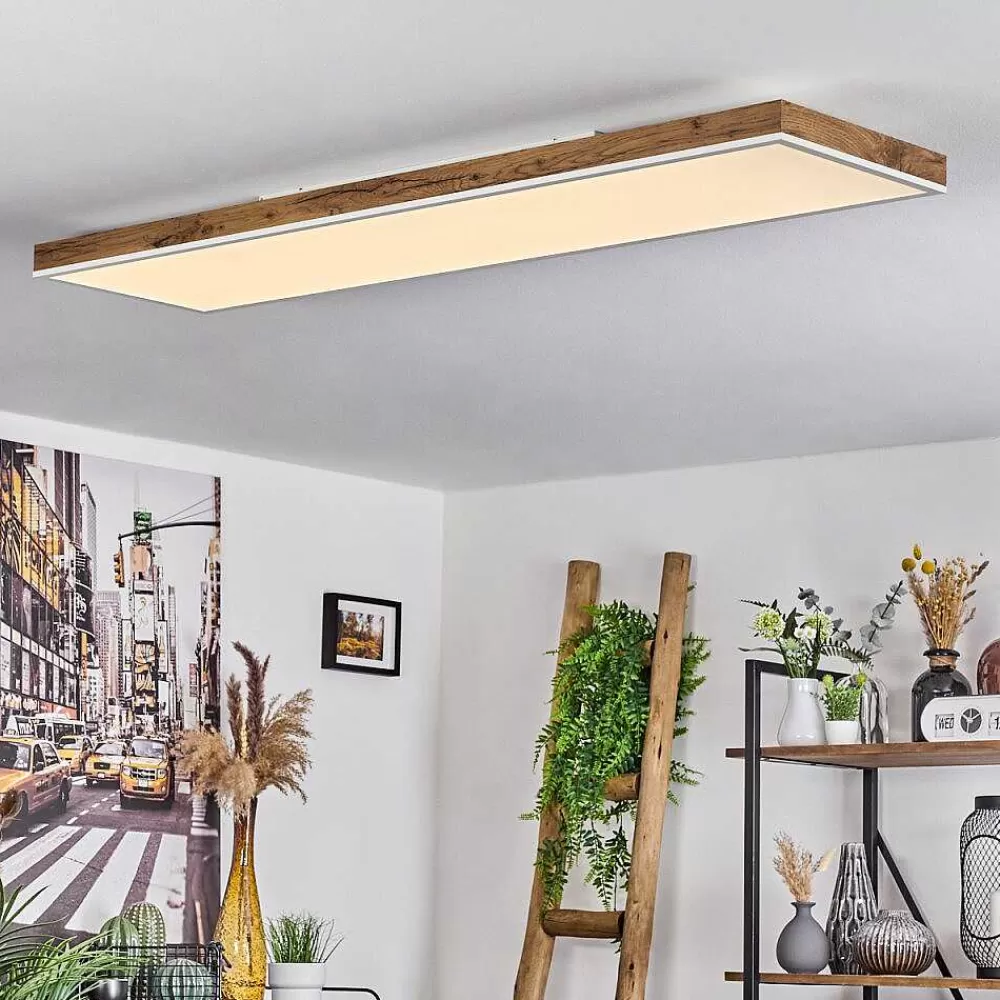 hofstein Plafonnier Salmi Led Brun, Couleur Bois, Blanc, 1 Lumiere, Telecommandes