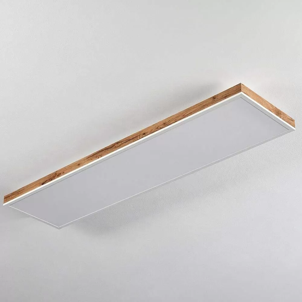 hofstein Plafonnier Salmi Led Brun, Couleur Bois, Blanc, 1 Lumiere, Telecommandes