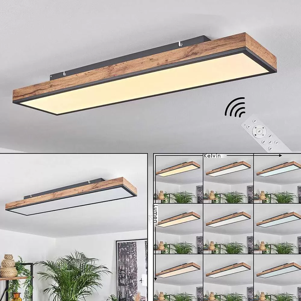 hofstein Plafonnier Salmi Led Brun, Couleur Bois, Noir, 1 Lumiere, Telecommandes