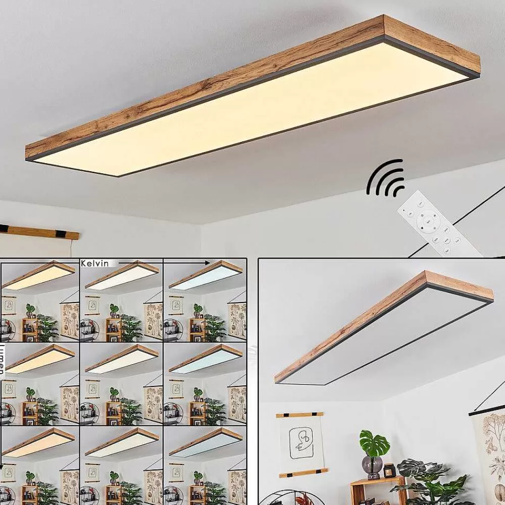 hofstein Plafonnier Salmi Led Couleur Bois, Noir, Blanc, 1 Lumiere, Telecommandes