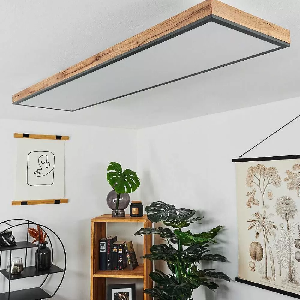 hofstein Plafonnier Salmi Led Couleur Bois, Noir, Blanc, 1 Lumiere, Telecommandes