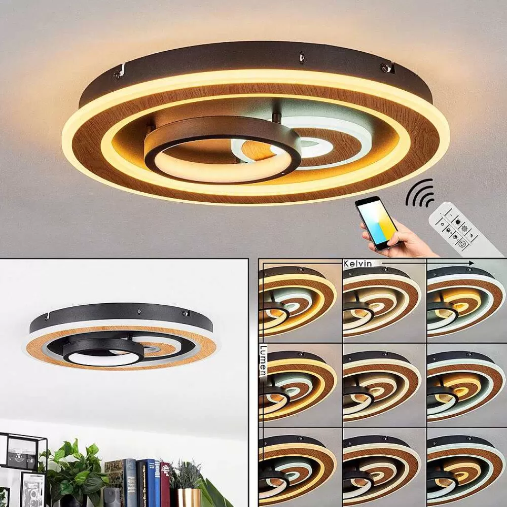 hofstein Plafonnier Xamontarupt Led Brun, Couleur Bois, Noir, 1 Lumiere, Telecommandes