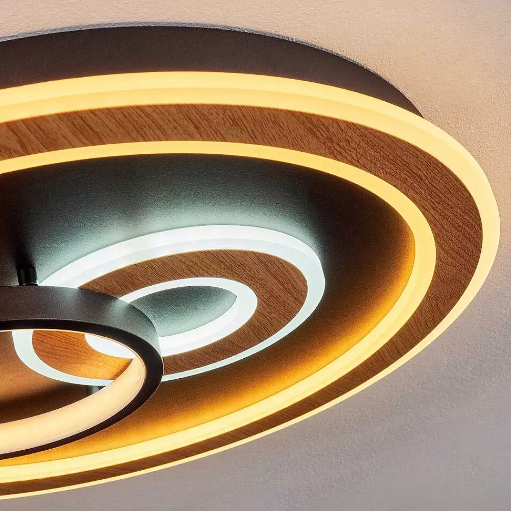 hofstein Plafonnier Xamontarupt Led Brun, Couleur Bois, Noir, 1 Lumiere, Telecommandes