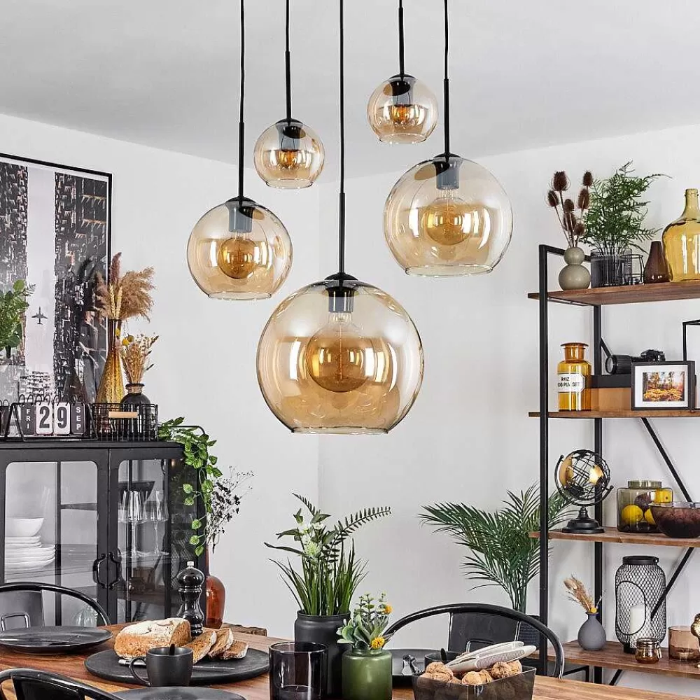 hofstein Suspension Verre 15 Cm, 20 Cm, 25 Cm, 30Cm Koyoto Ambre, 5 Lumieres