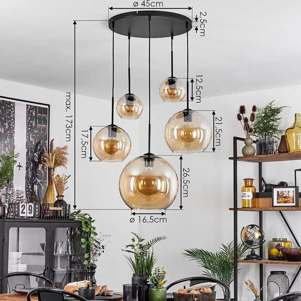hofstein Suspension Verre 15 Cm, 20 Cm, 25 Cm, 30Cm Koyoto Ambre, 5 Lumieres