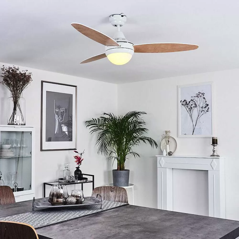 hofstein Ventilateur De Plafond Beltiglio Bois Fonce, Blanc, 2 Lumieres, Telecommandes