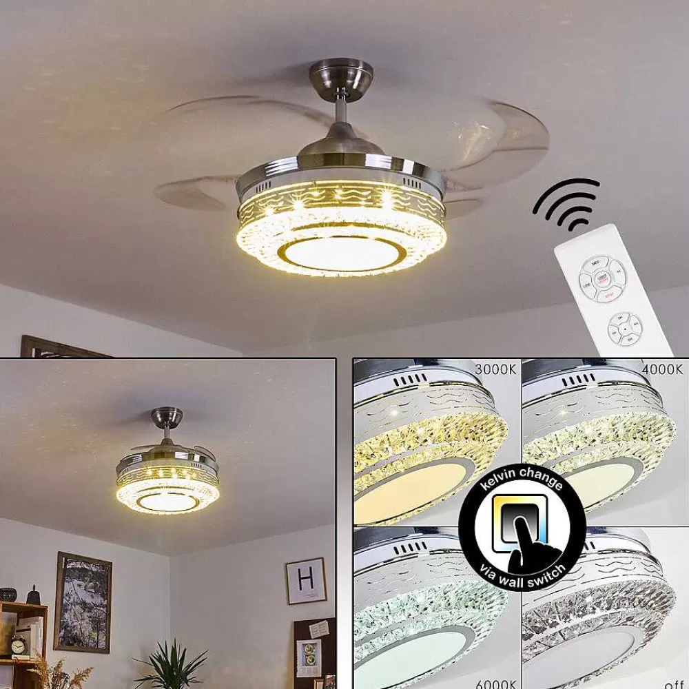 hofstein Ventilateur De Plafond Bendigo Led Nickel Mat, Transparent, 1 Lumiere
