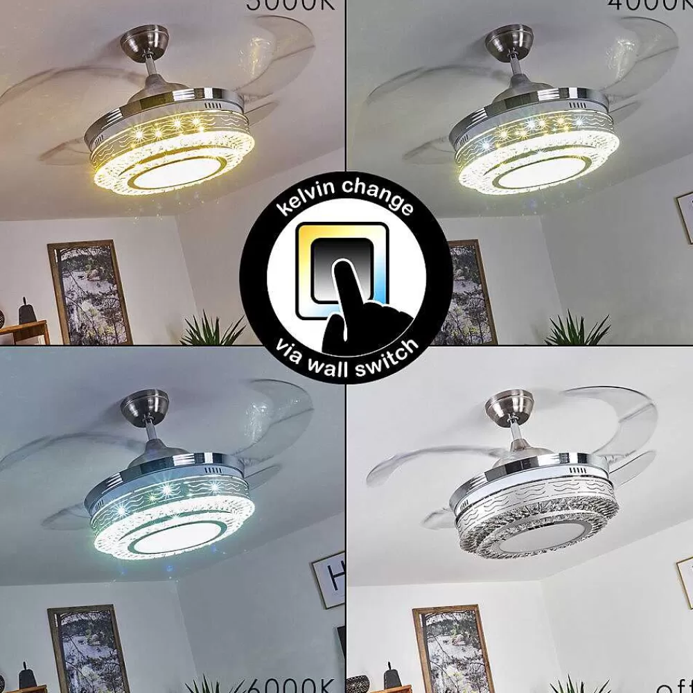 hofstein Ventilateur De Plafond Bendigo Led Nickel Mat, Transparent, 1 Lumiere