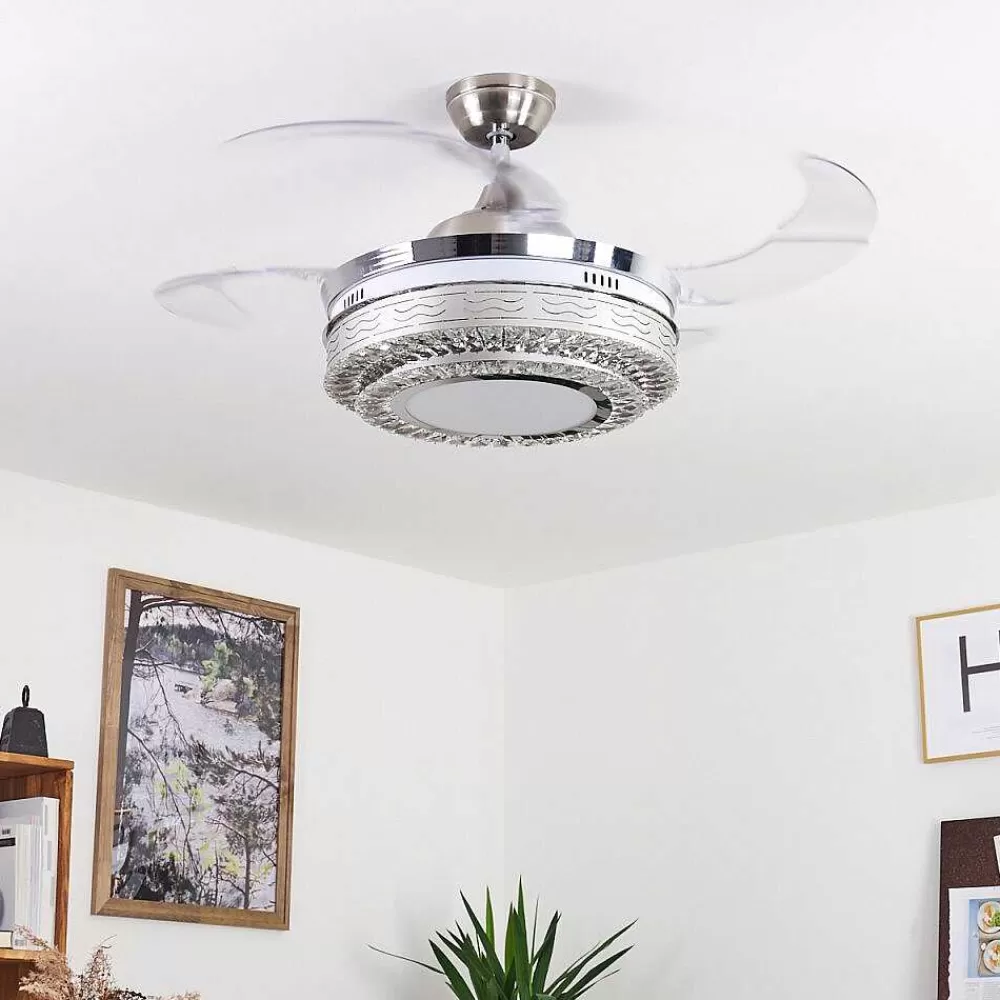 hofstein Ventilateur De Plafond Bendigo Led Nickel Mat, Transparent, 1 Lumiere