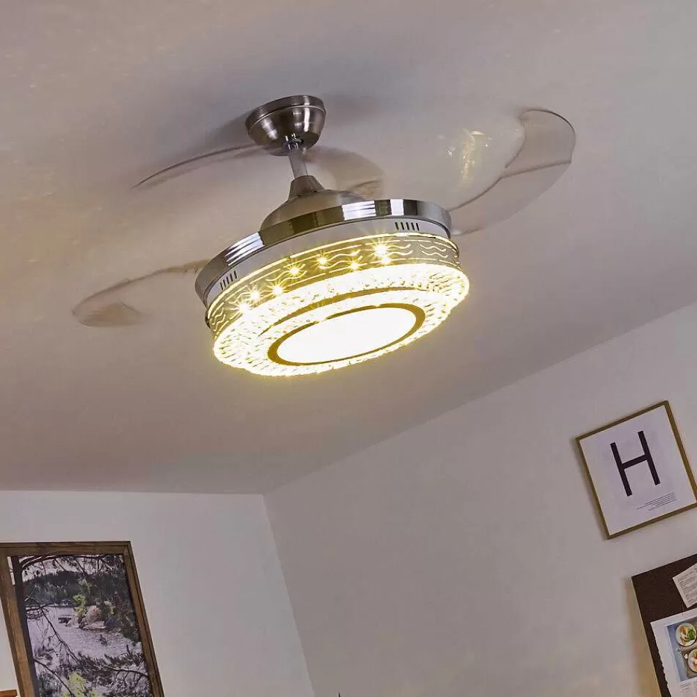 hofstein Ventilateur De Plafond Bendigo Led Nickel Mat, Transparent, 1 Lumiere