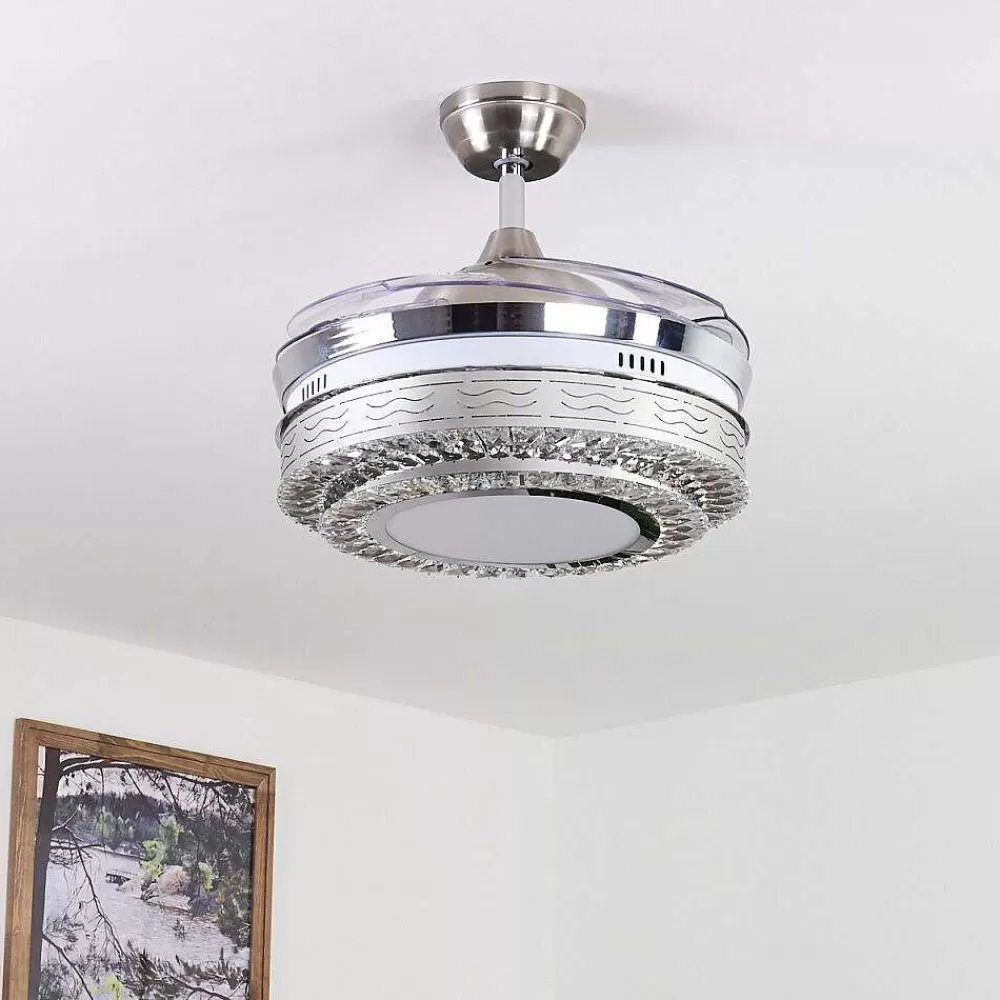 hofstein Ventilateur De Plafond Bendigo Led Nickel Mat, Transparent, 1 Lumiere