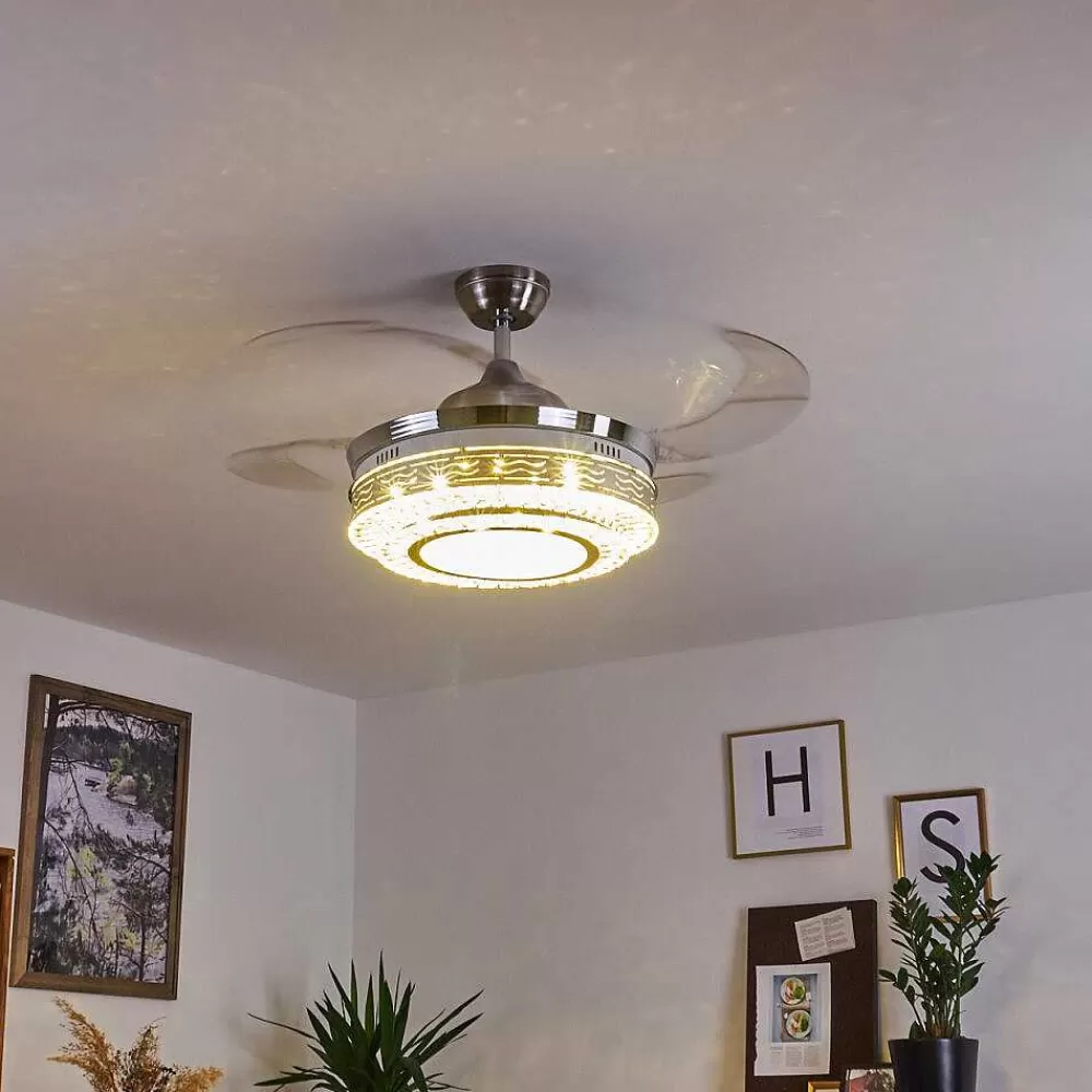 hofstein Ventilateur De Plafond Bendigo Led Nickel Mat, Transparent, 1 Lumiere