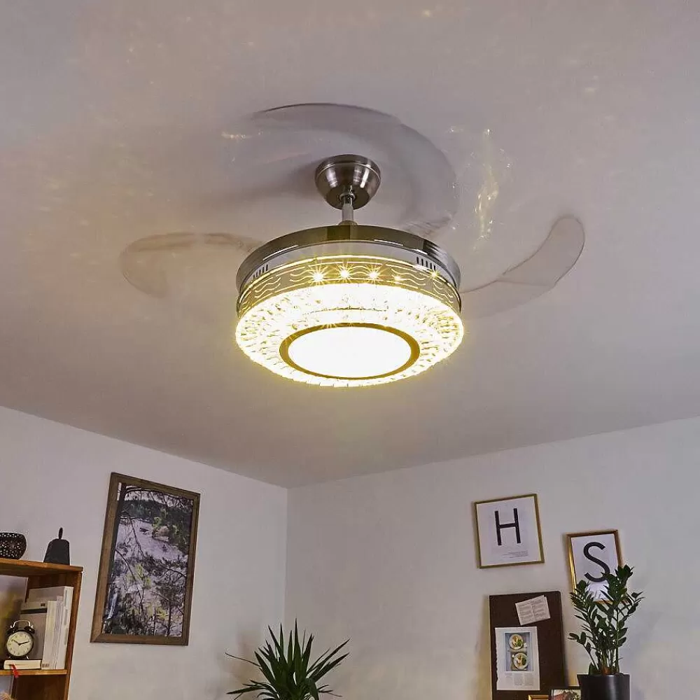 hofstein Ventilateur De Plafond Bendigo Led Nickel Mat, Transparent, 1 Lumiere