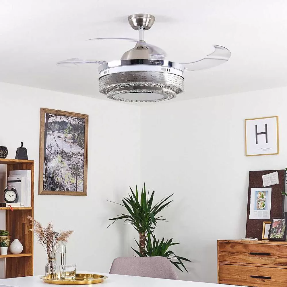 hofstein Ventilateur De Plafond Bendigo Led Nickel Mat, Transparent, 1 Lumiere