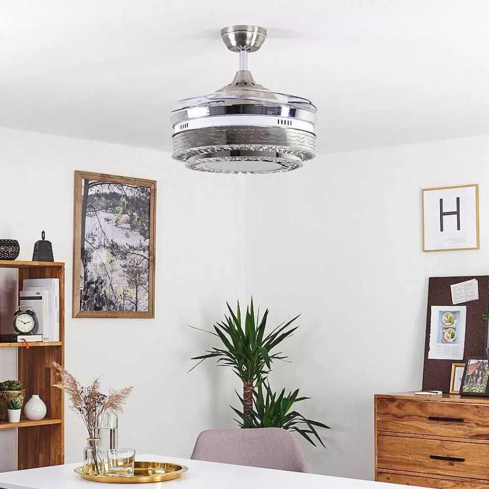hofstein Ventilateur De Plafond Bendigo Led Nickel Mat, Transparent, 1 Lumiere