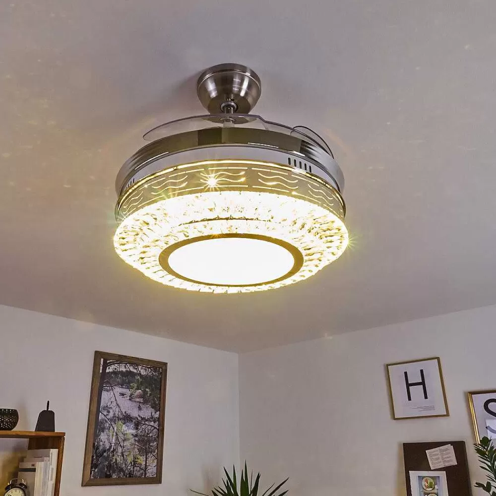 hofstein Ventilateur De Plafond Bendigo Led Nickel Mat, Transparent, 1 Lumiere