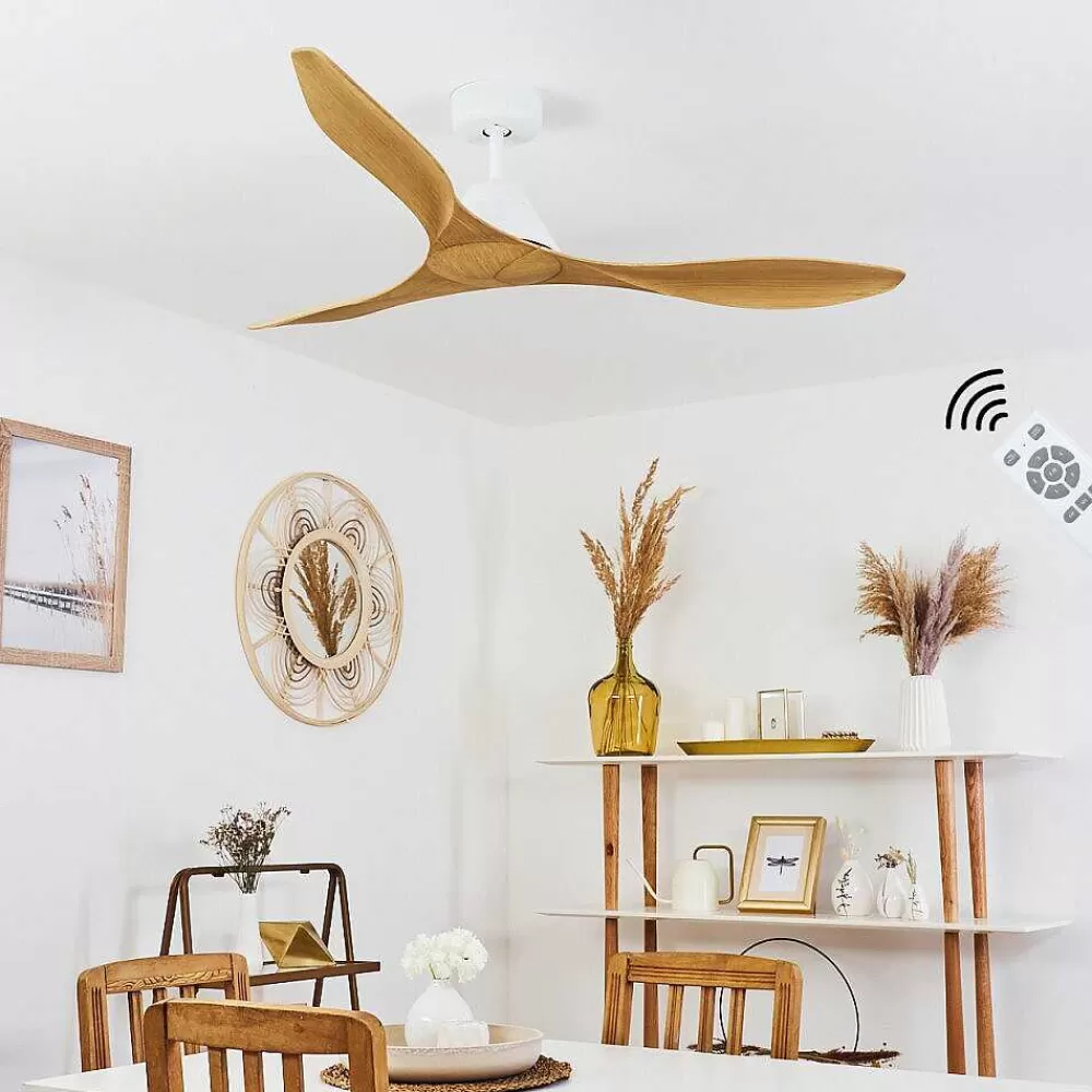 hofstein Ventilateur De Plafond Follseland Brun Clair, Couleur Bois, Blanc, Telecommandes