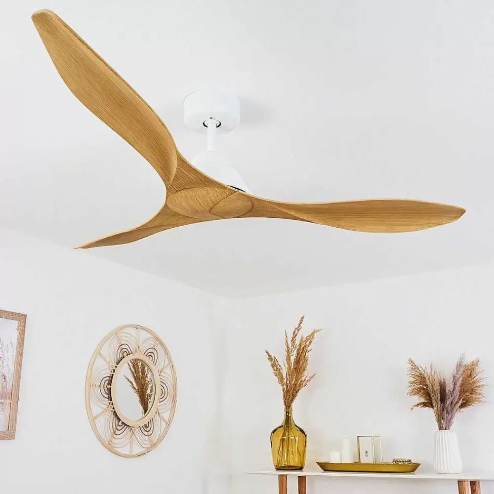hofstein Ventilateur De Plafond Follseland Brun Clair, Couleur Bois, Blanc, Telecommandes