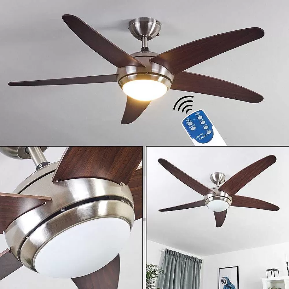 hofstein Ventilateur De Plafond Imon Bois Fonce, Nickel Mat, 1 Lumiere, Telecommandes