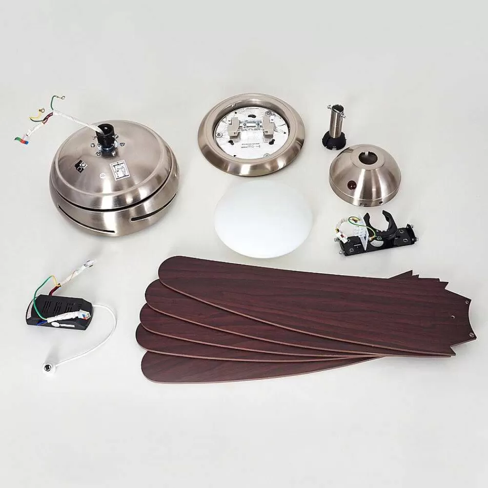 hofstein Ventilateur De Plafond Imon Bois Fonce, Nickel Mat, 1 Lumiere, Telecommandes