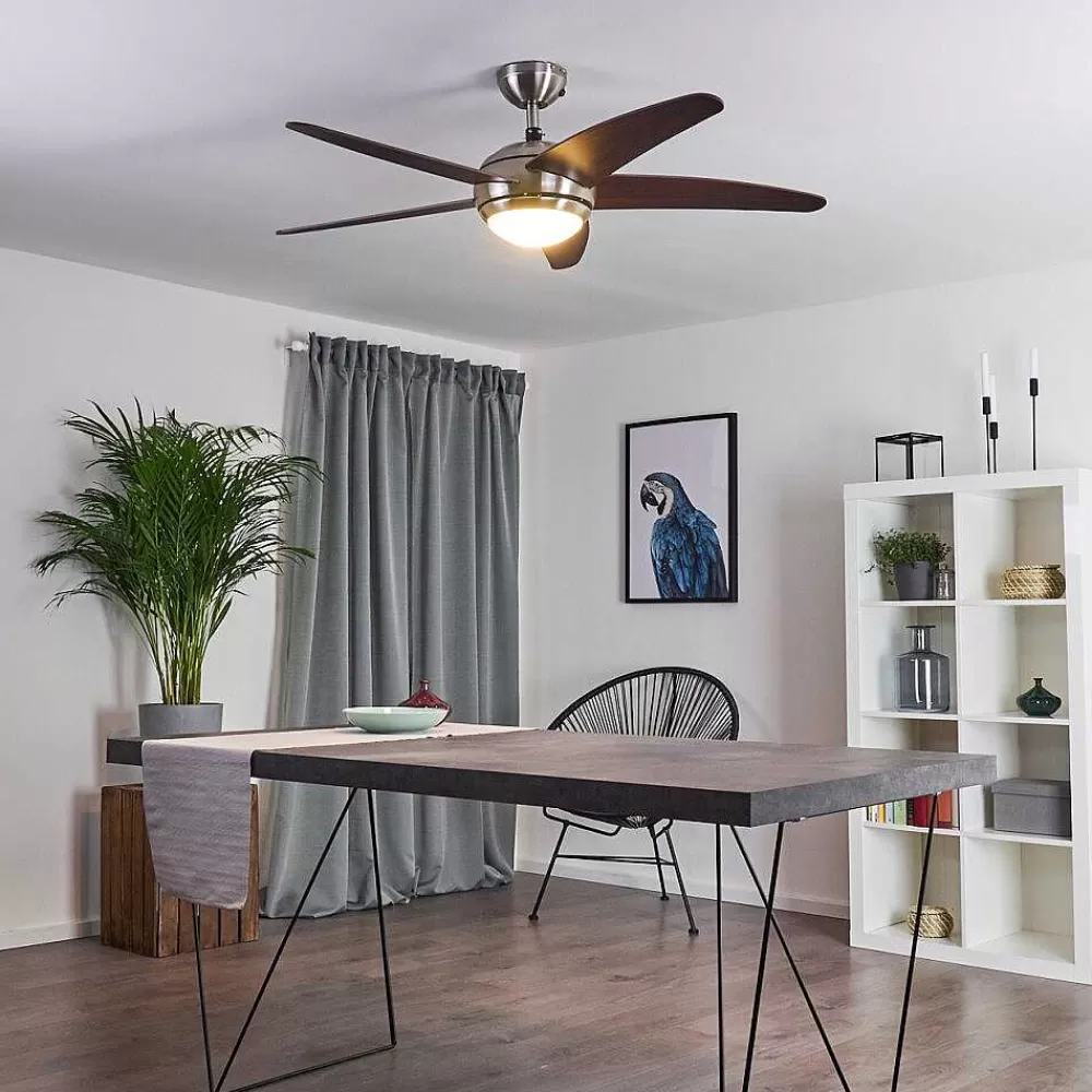 hofstein Ventilateur De Plafond Imon Bois Fonce, Nickel Mat, 1 Lumiere, Telecommandes