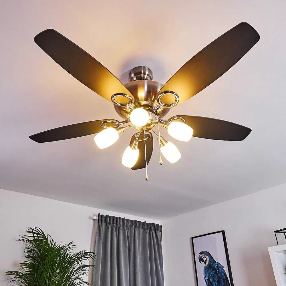 hofstein Ventilateur De Plafond Irving Chrome, Gris, Bois Clair, 5 Lumieres