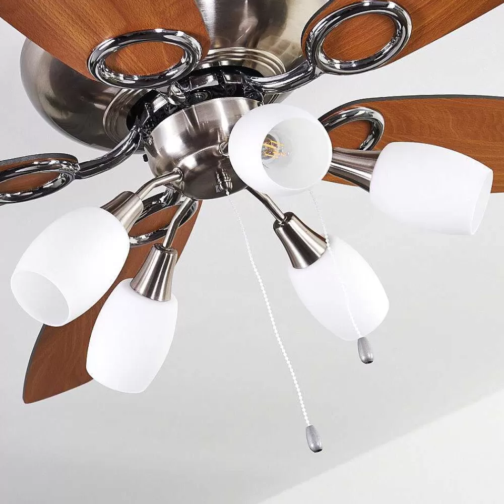 hofstein Ventilateur De Plafond Irving Chrome, Gris, Bois Clair, 5 Lumieres