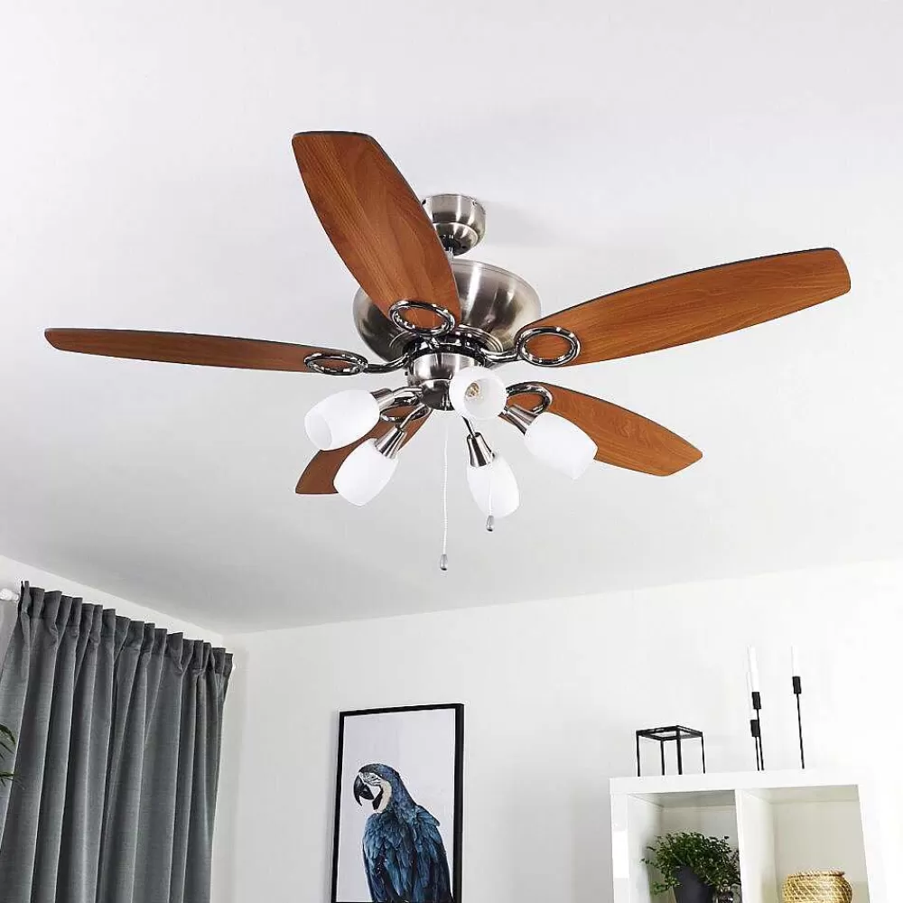 hofstein Ventilateur De Plafond Irving Chrome, Gris, Bois Clair, 5 Lumieres