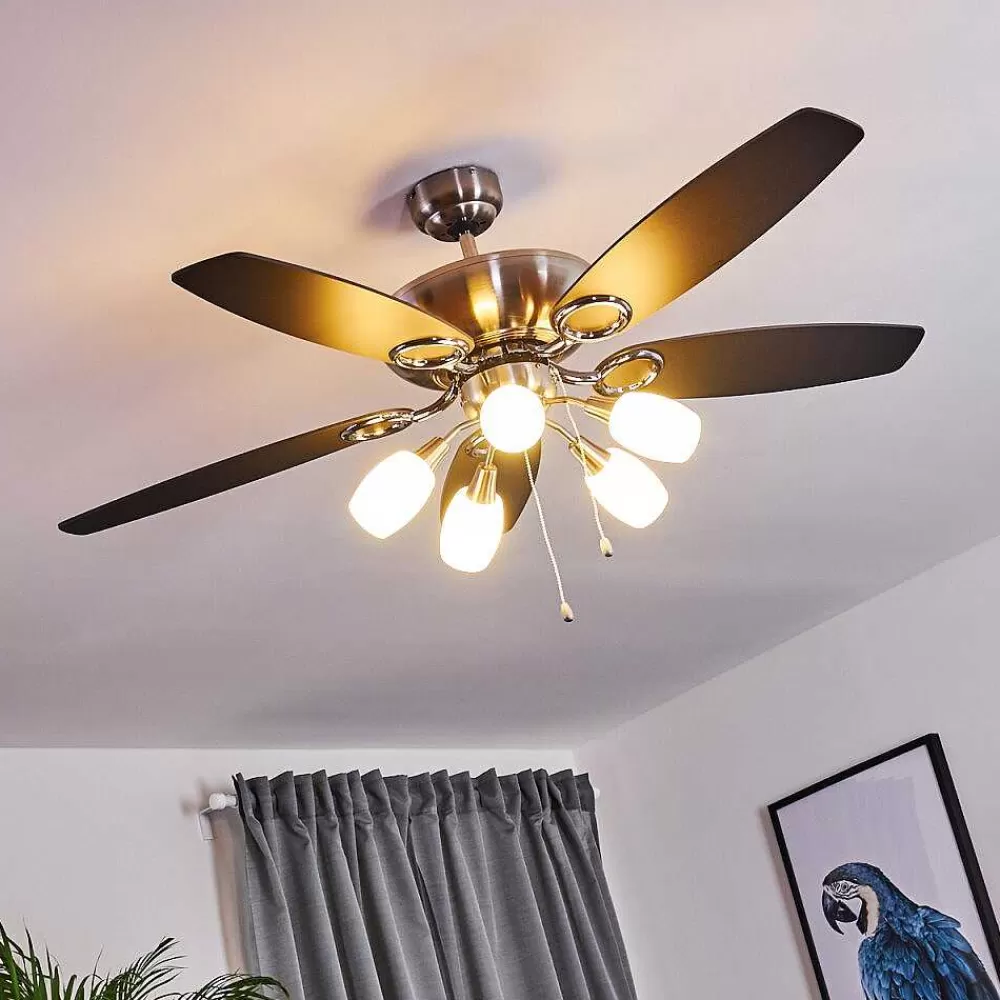 hofstein Ventilateur De Plafond Irving Chrome, Gris, Bois Clair, 5 Lumieres