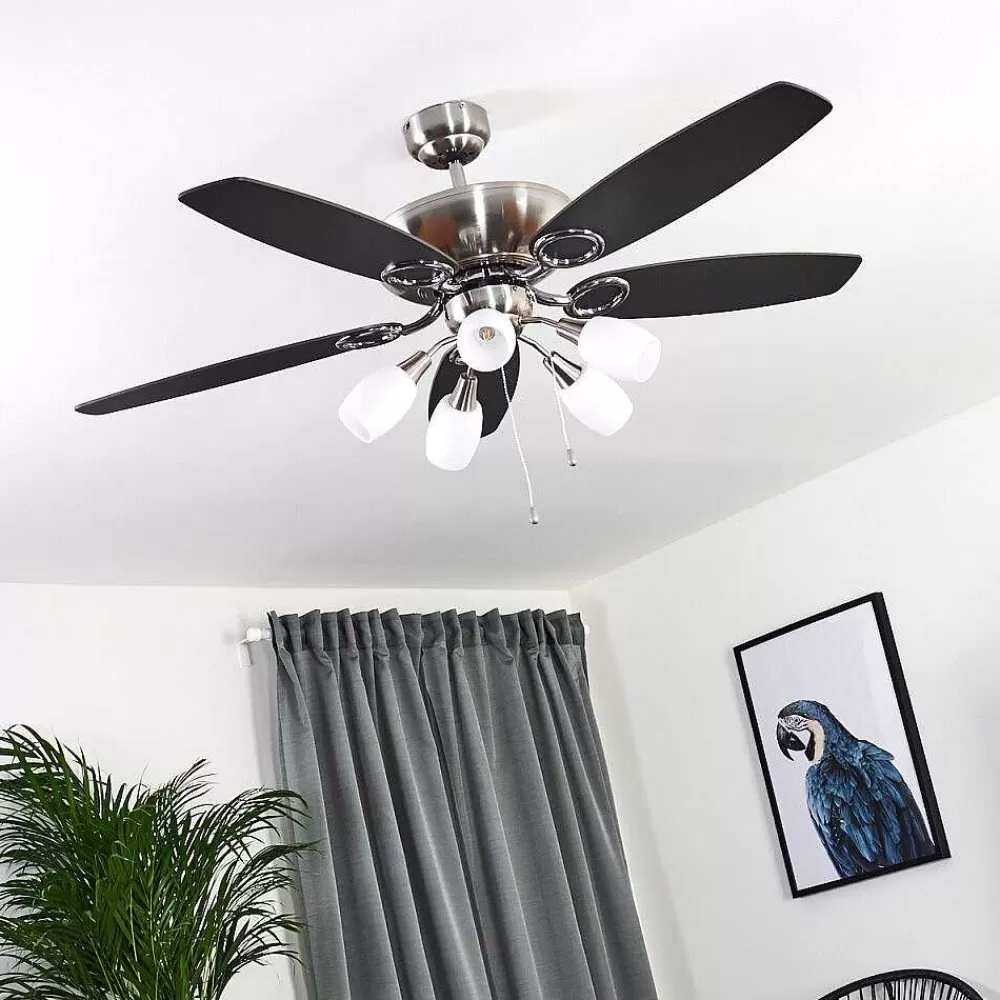 hofstein Ventilateur De Plafond Irving Chrome, Gris, Bois Clair, 5 Lumieres
