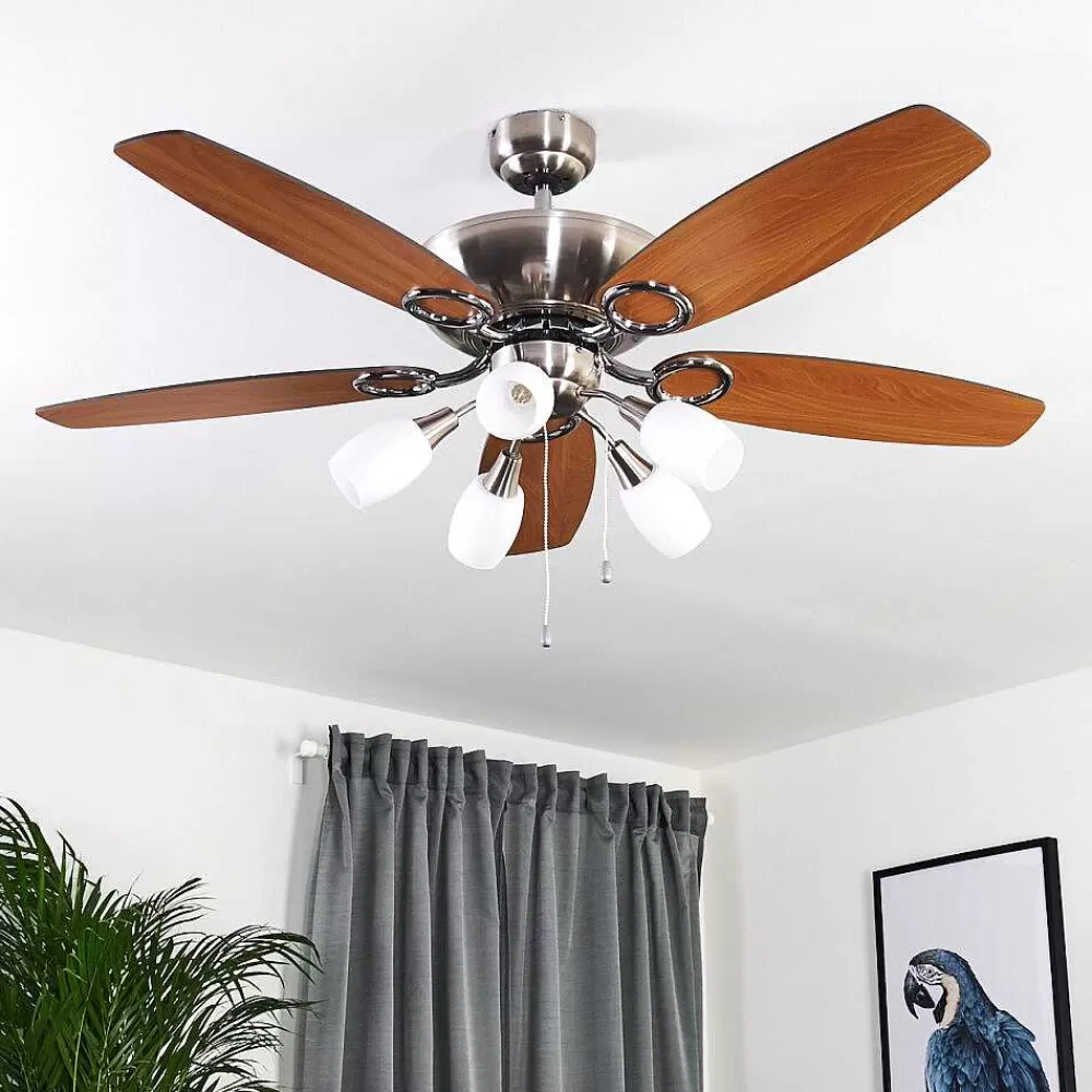 hofstein Ventilateur De Plafond Irving Chrome, Gris, Bois Clair, 5 Lumieres