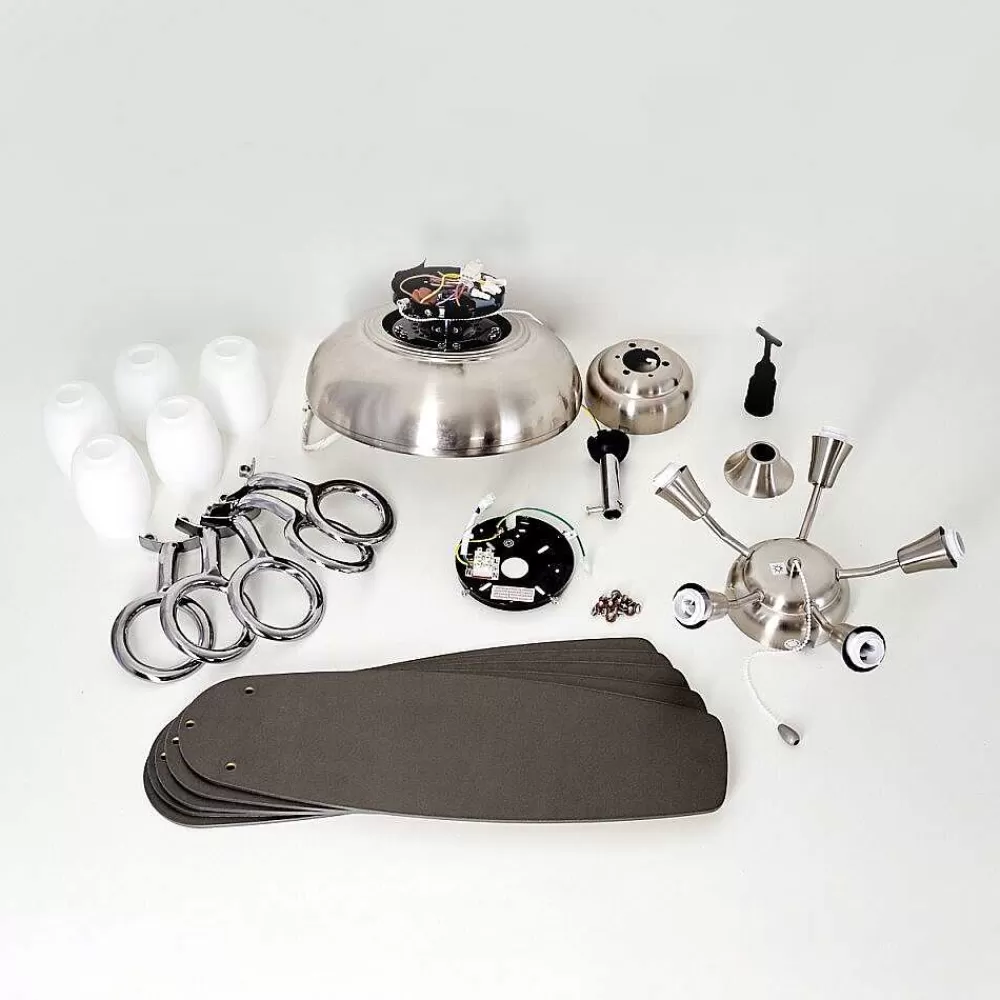 hofstein Ventilateur De Plafond Irving Chrome, Gris, Bois Clair, 5 Lumieres