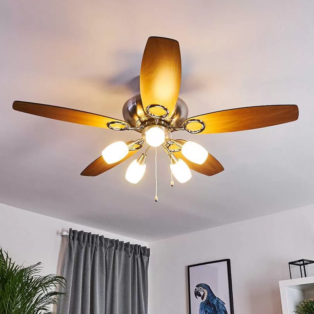 hofstein Ventilateur De Plafond Irving Chrome, Gris, Bois Clair, 5 Lumieres