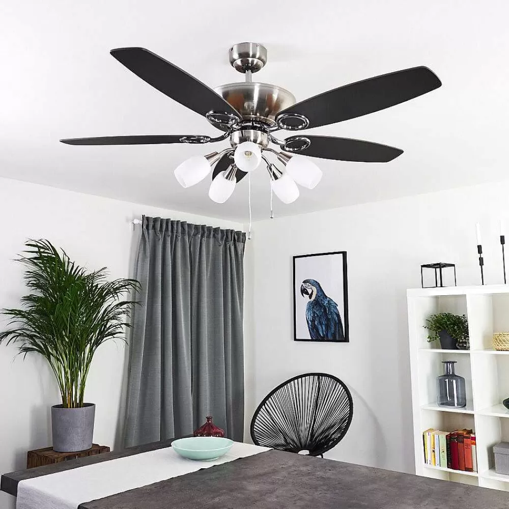 hofstein Ventilateur De Plafond Irving Chrome, Gris, Bois Clair, 5 Lumieres