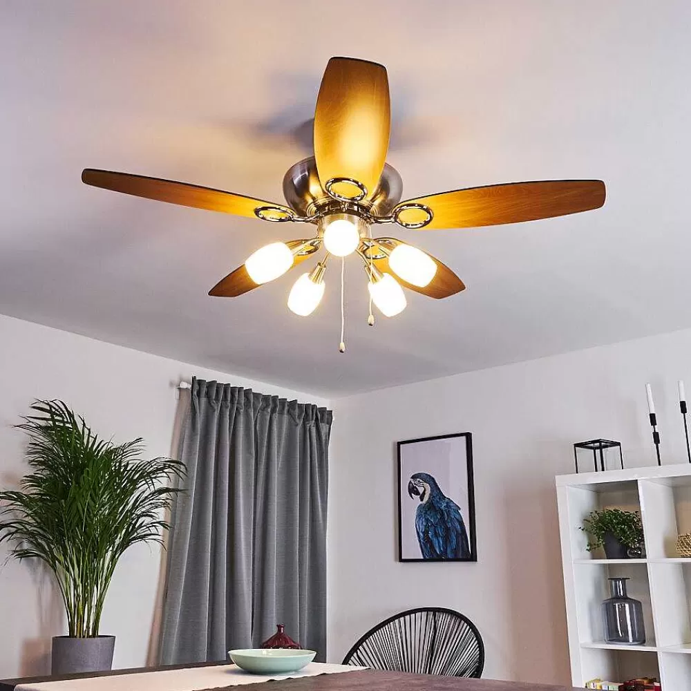 hofstein Ventilateur De Plafond Irving Chrome, Gris, Bois Clair, 5 Lumieres
